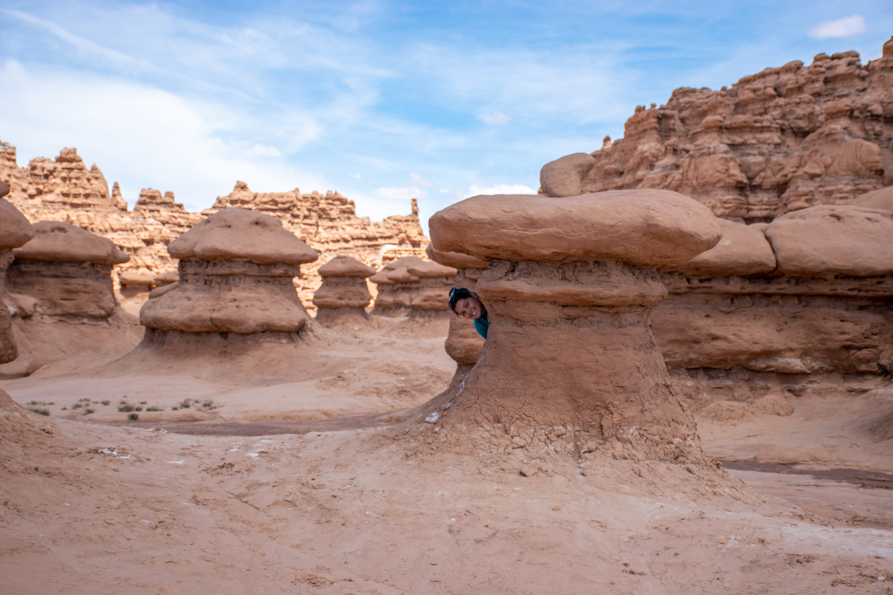 Me poking my head out behind a goblin stone figure
